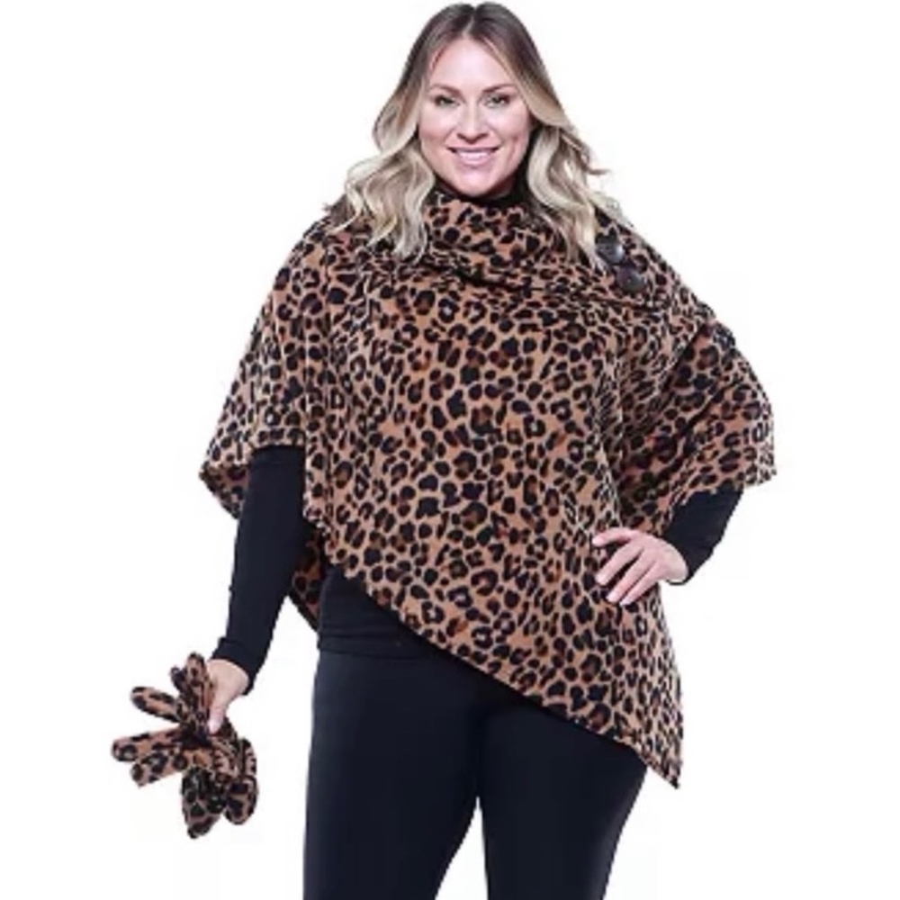 Le Moda Anima print black and brown button detail OS poncho NWOT